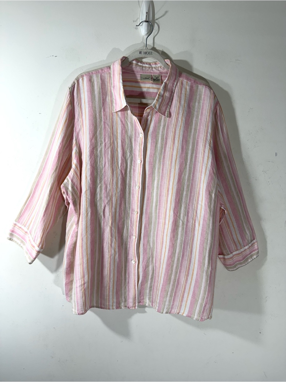LL Bean Linen Pink Stripe 3/4 Sleeve Shirt Blouse Top 3X preppy Beachy Coastal